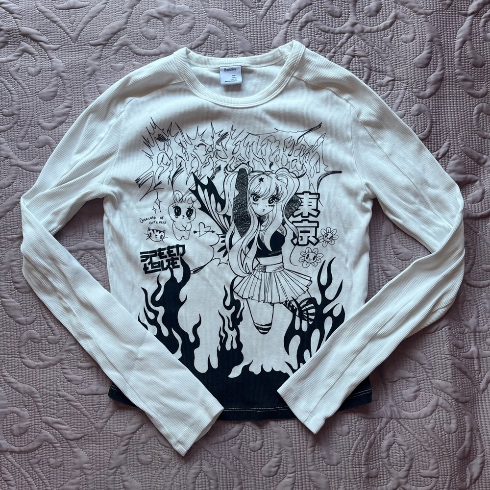 White Long Sleeve Graphic Anime Tee